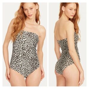 J. Crew Ruched Bandeau One Piece Swimsuit in Taupe Multi Leopard Print